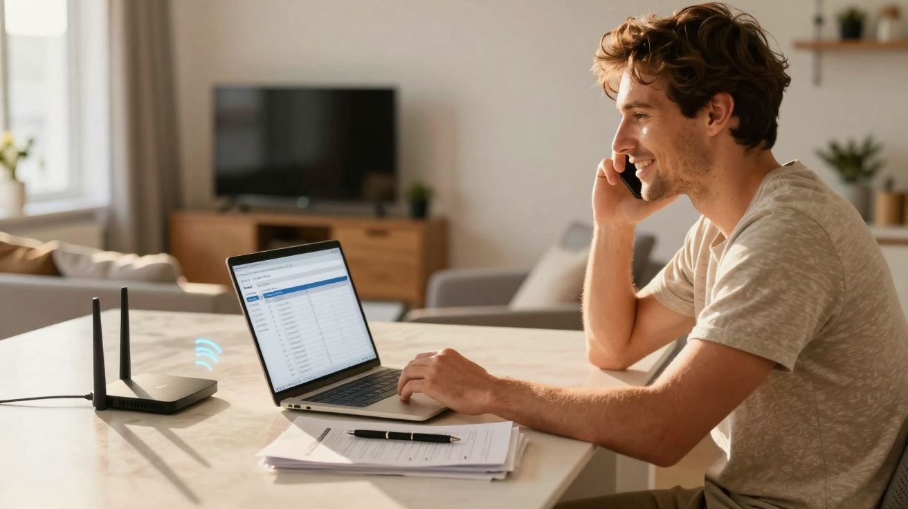 Homem sorridente usa laptop e fala ao telefone em mesa com roteador e documentos.
