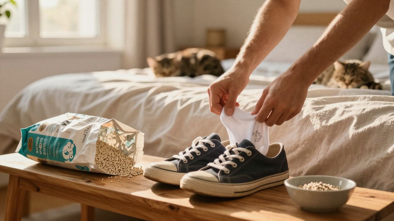 Pessoa enchendo tênis com grãos de absorvente para economizar e evitar cheiro em quarto com gatos no fundo.