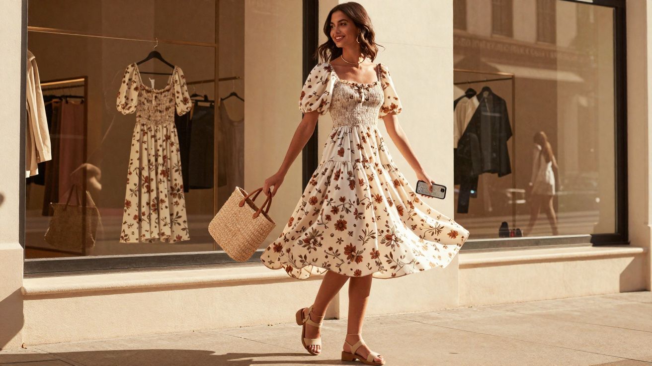 Mulher sorridente com vestido floral branco rodado, sandálias e bolsa de palha caminhando em calçada urbana.