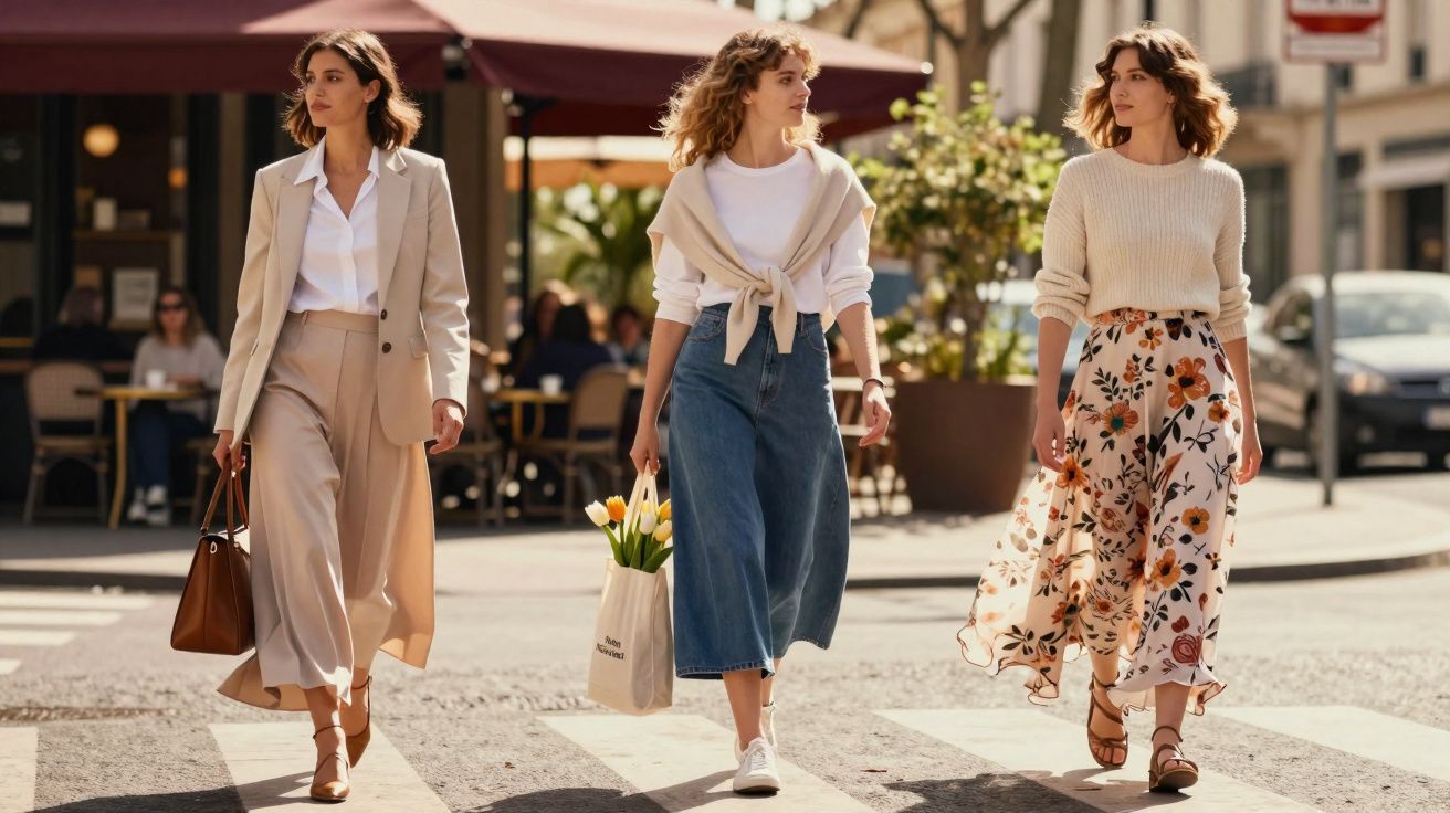Três mulheres elegantes cruzando a rua, vestindo roupas casuais e carregando bolsas e flores.
