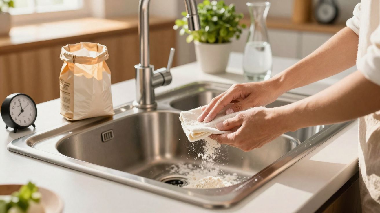 Mãos espalhando farinha com pano sobre pia de inox em cozinha iluminada, saco de farinha ao fundo.