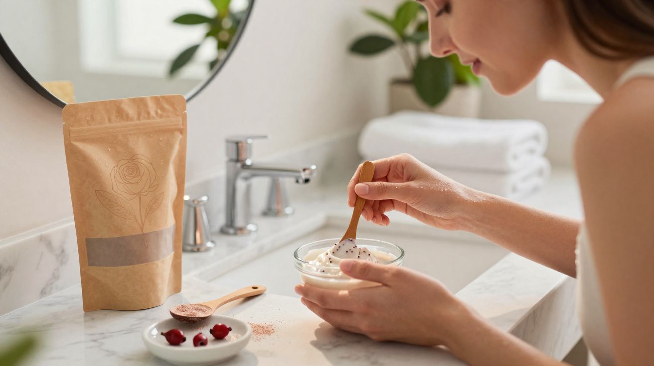Mulher preparando máscara facial caseira com ingredientes naturais no banheiro iluminado.