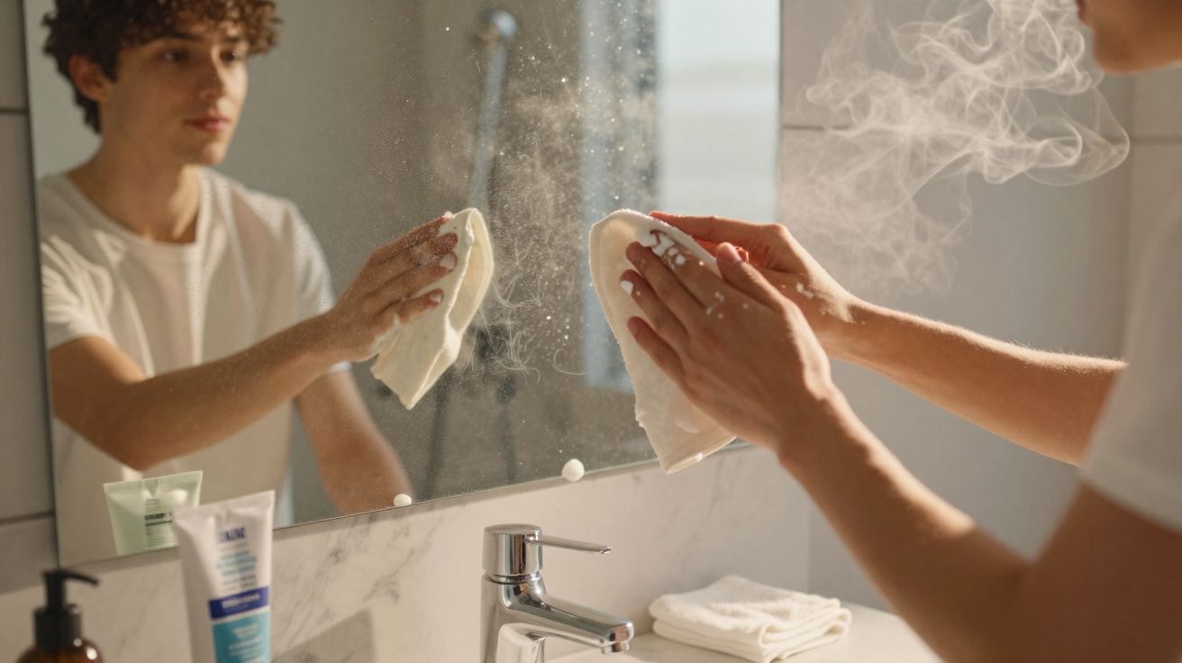 Homem limpando espelho em banheiro com pano branco em ambiente iluminado pela luz natural.