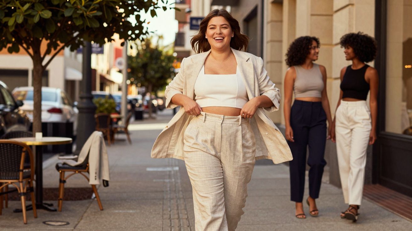 Mulher sorridente de terno bege caminhando confiante na calçada com duas amigas ao fundo conversando.