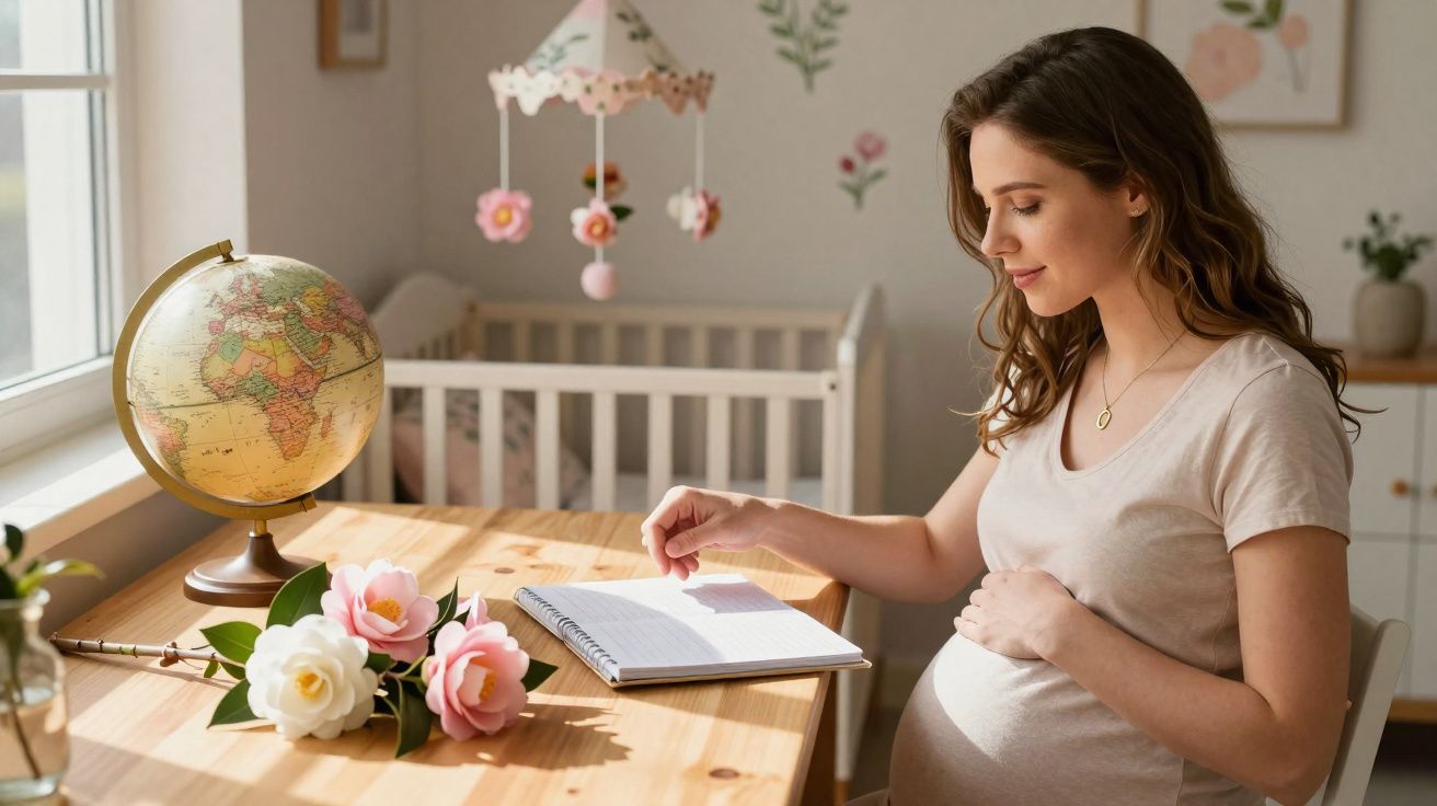 Mulher grávida lendo anotações à mesa com flores, globo terrestre e berço ao fundo.