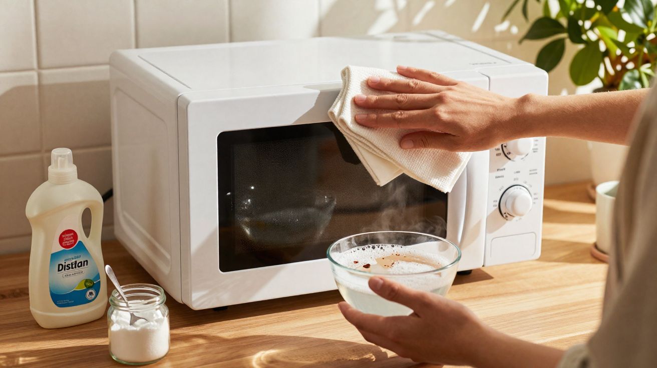 Pessoa limpando a porta de um micro-ondas branco em uma cozinha iluminada.
