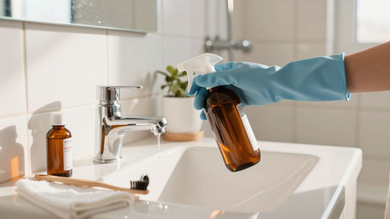 Mão com luva azul segurando borrifador para limpar pia de banheiro branca com espelho e planta ao fundo.