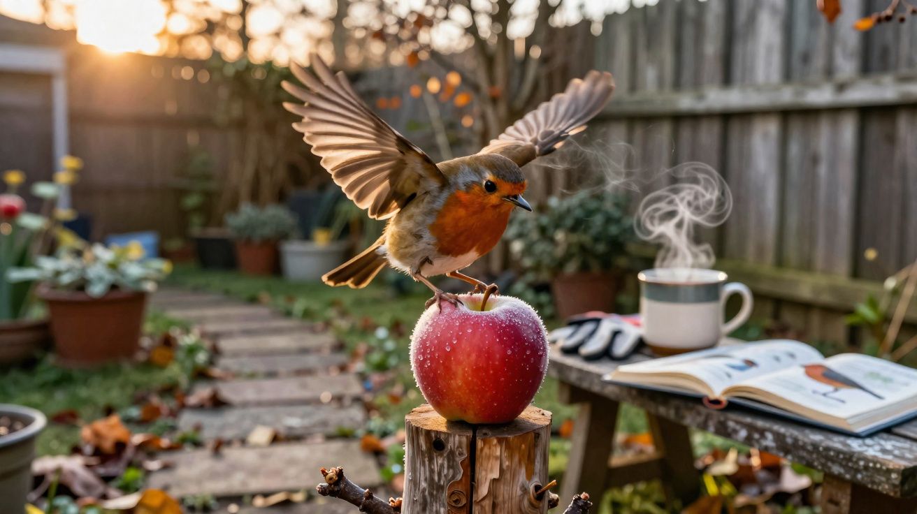 Pássaro pousando em maçã sobre toco de madeira em jardim com livro aberto e xícara fumegante ao fundo.