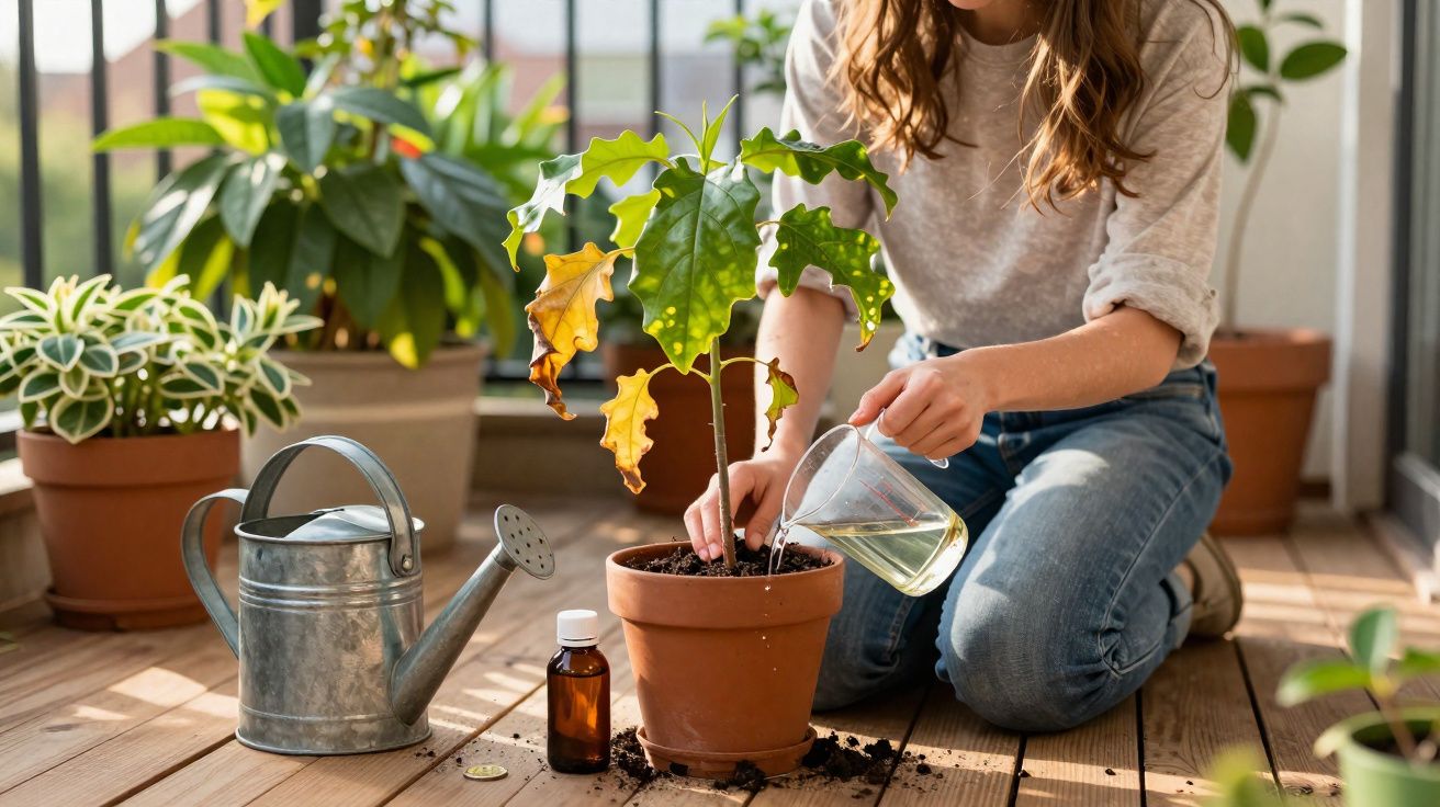 Pessoa regando planta em vaso de barro em varanda com outras plantas e regador metálico ao lado.