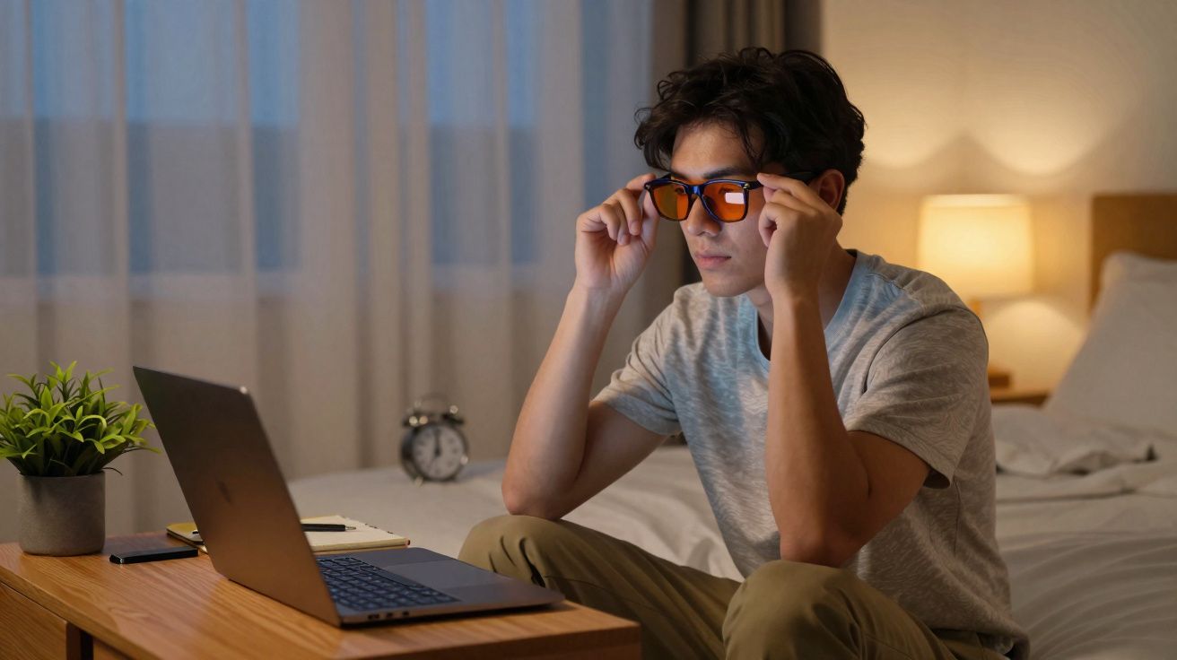 Jovem sentado no quarto ajustando óculos enquanto usa laptop à noite.