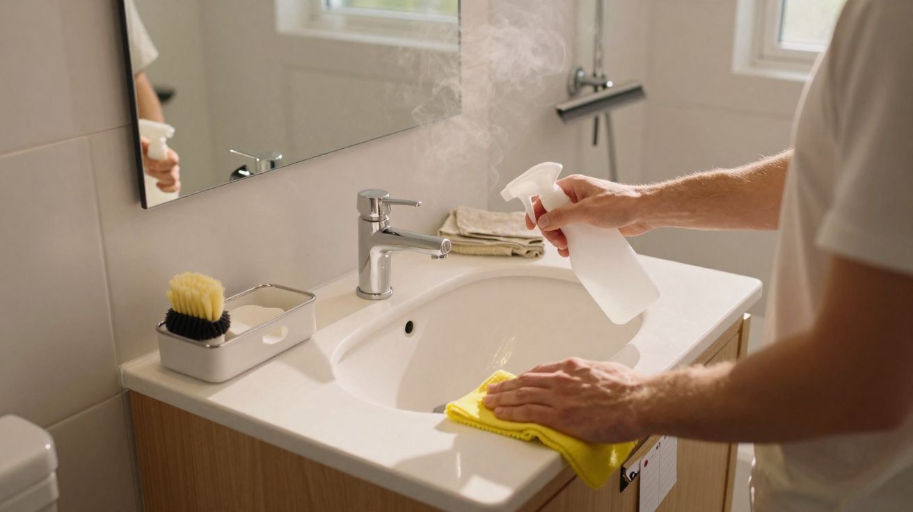 Pessoa limpando uma pia branca de banheiro com pano amarelo e borrifador transparente.