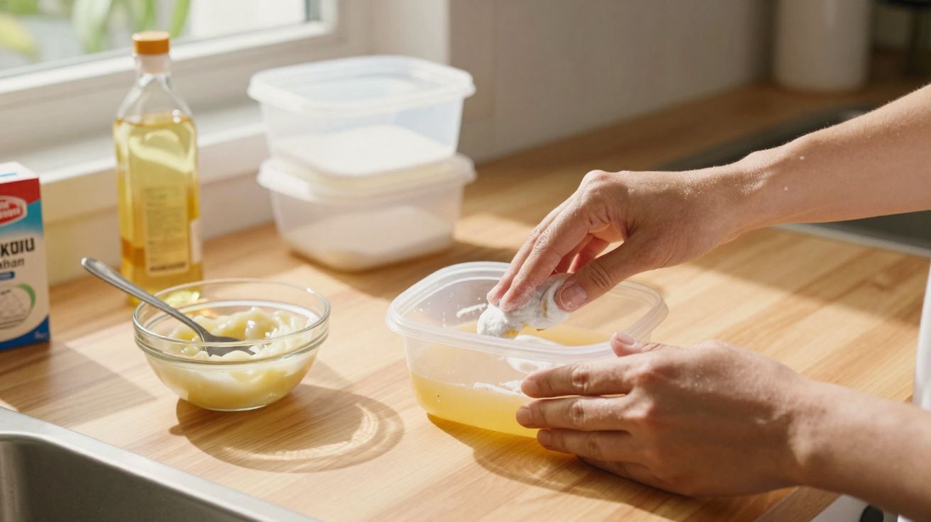 Mãos mergulhando pedaço de alimento em líquido amarelo dentro de recipiente transparente em bancada de cozinha.