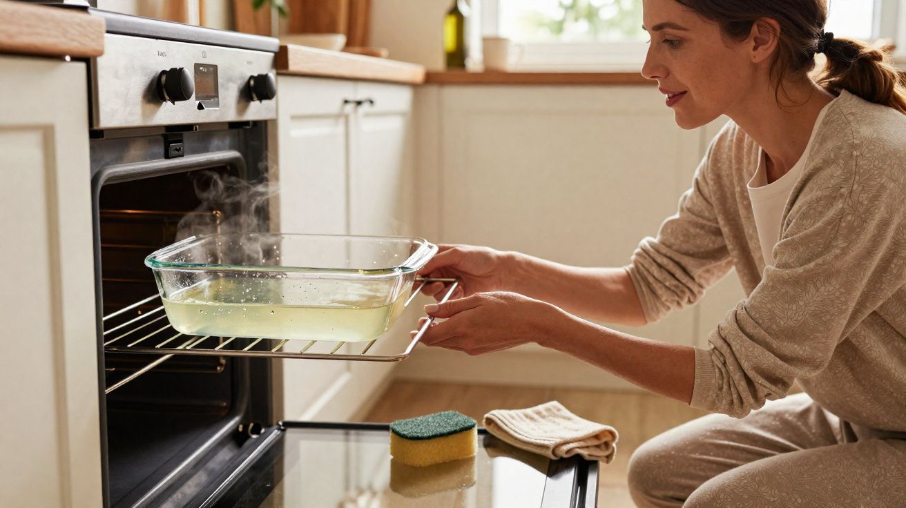 Mulher retirando assadeira com comida quente do forno em cozinha iluminada e organizada.
