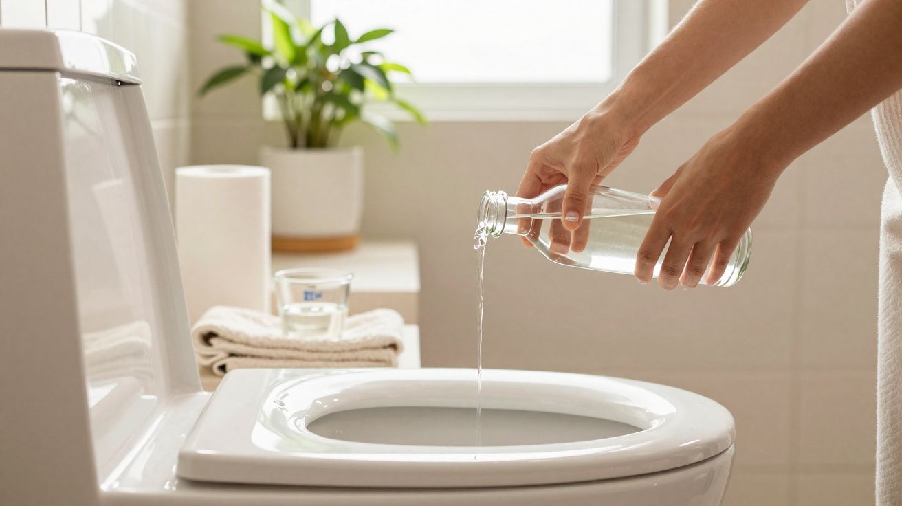 Pessoa despejando água de uma garrafa em um vaso sanitário branco em banheiro iluminado.