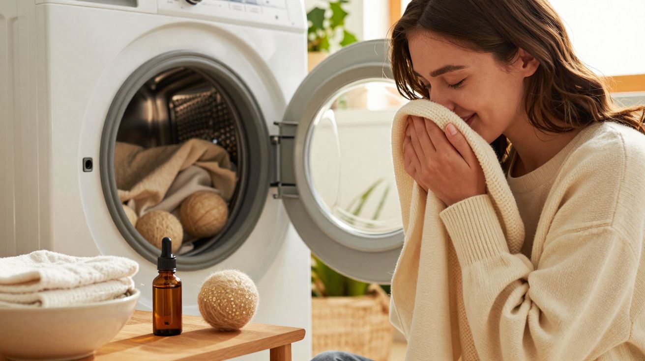Mulher cheirando roupa limpa e macia ao lado de máquina de lavar aberta em ambiente iluminado.