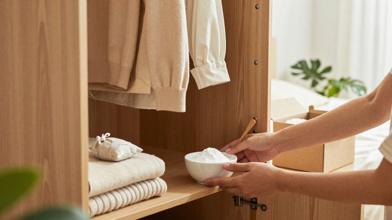 Mãos segurando tigela com pó branco e pincel dentro de armário de madeira com roupas e plantas ao fundo.