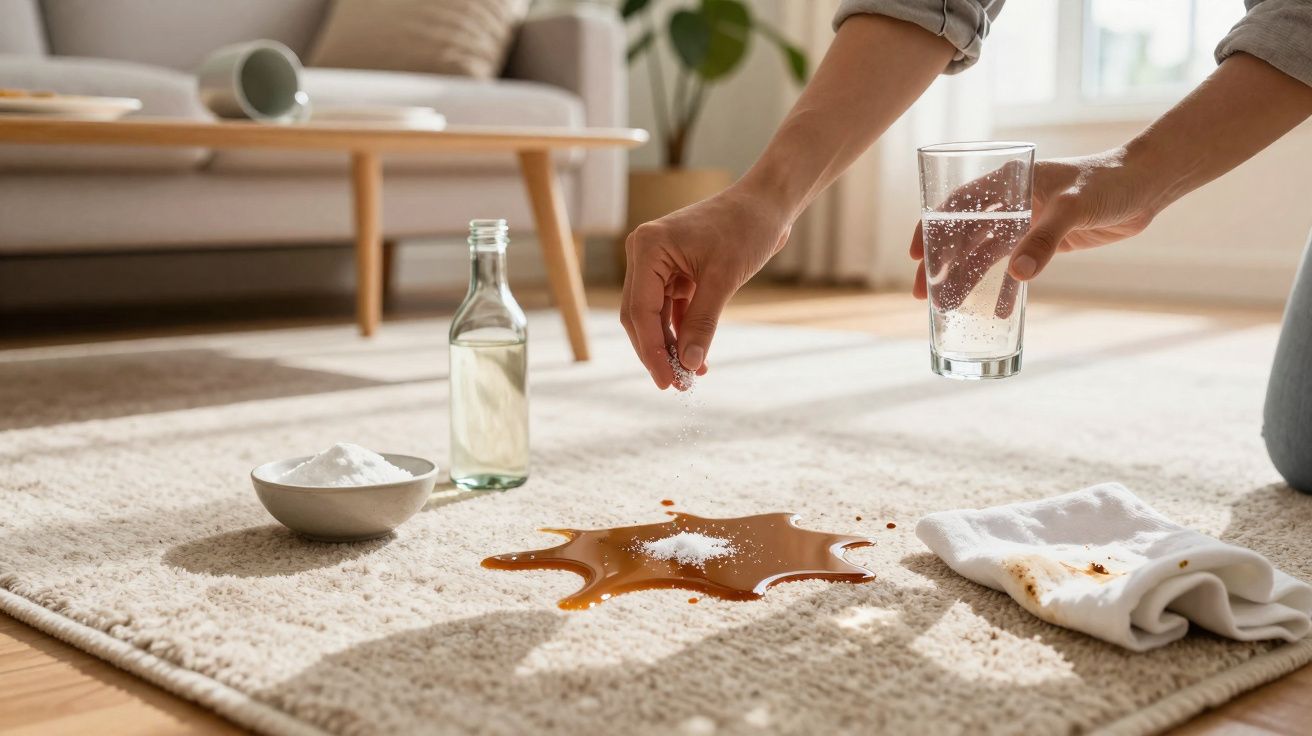 Pessoa salpicando sal em mancha de café no tapete para limpar, com vidro de água, bicarbonato e pano no chão.