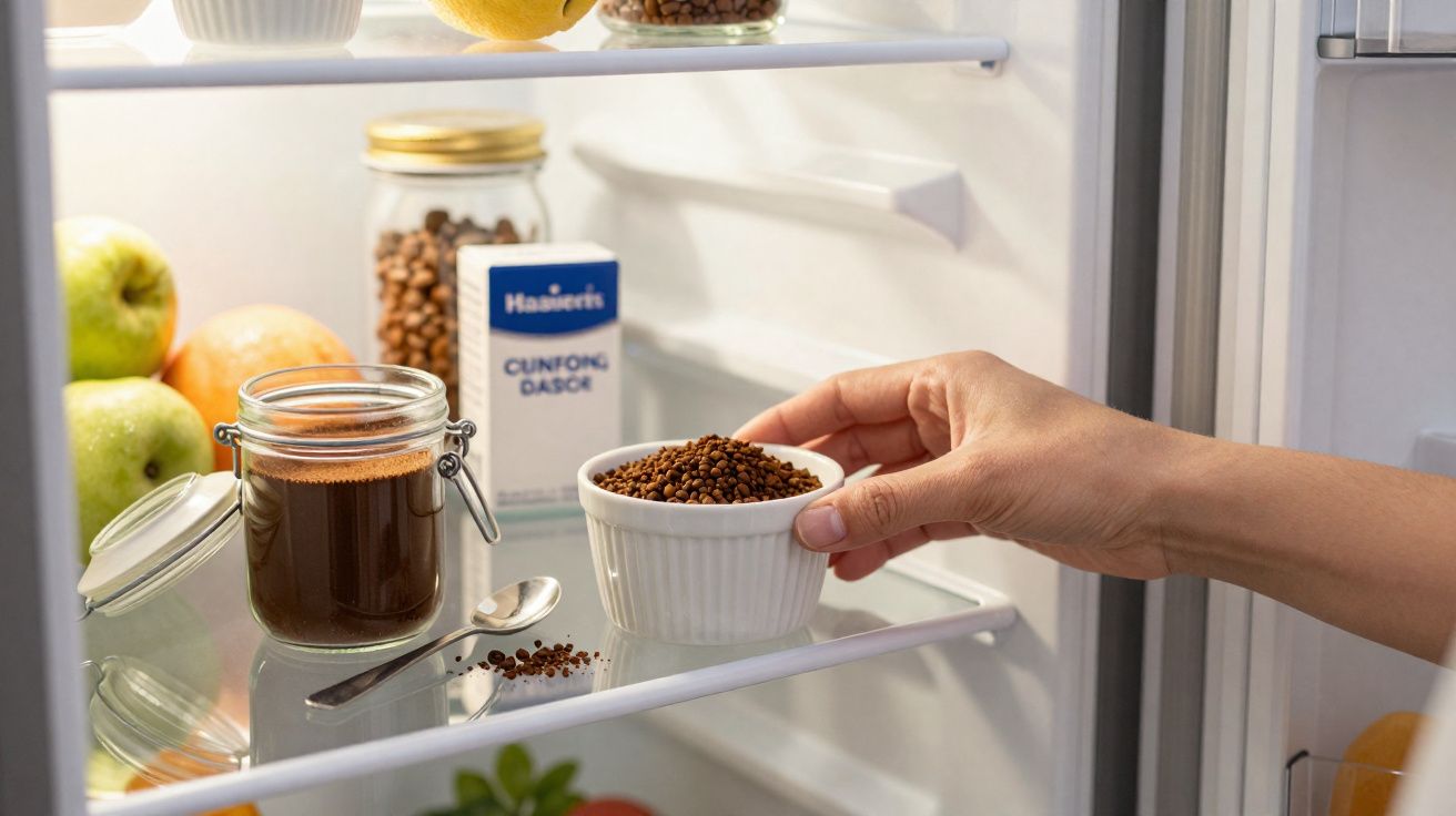 Mão colocando vasilha com sementes no interior da geladeira ao lado de pote com bebida e frutas.