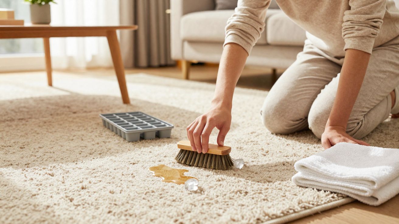 Pessoa limpando carpete bege com escova ao lado de toalhas brancas e bandeja de gelo.