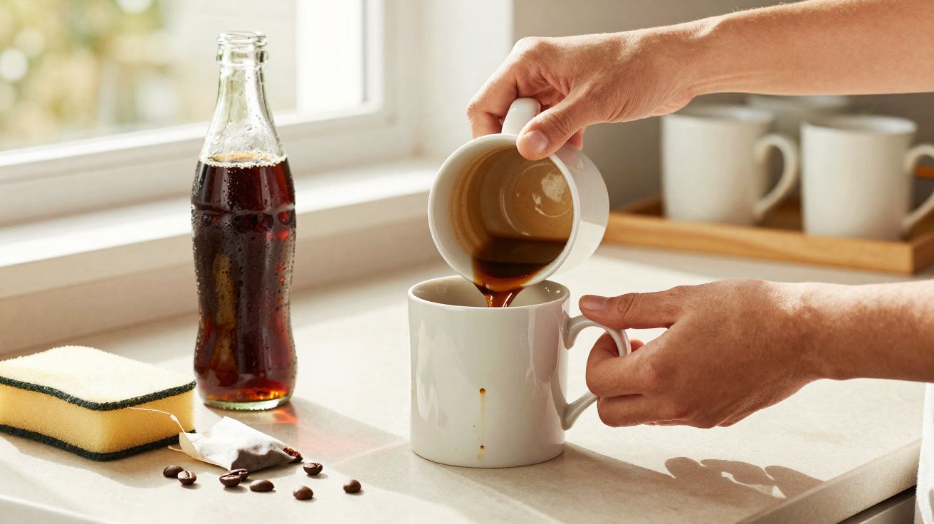 Pessoa despejando café de uma xícara pequena para uma caneca branca em balcão com garrafa e grãos de café.