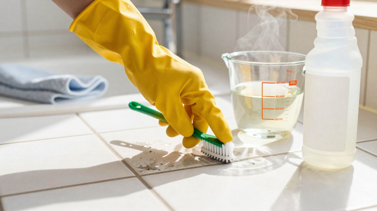 Mão com luva amarela esfrega sujeira em azulejo com escova, líquido em copo medidor e frasco ao lado.