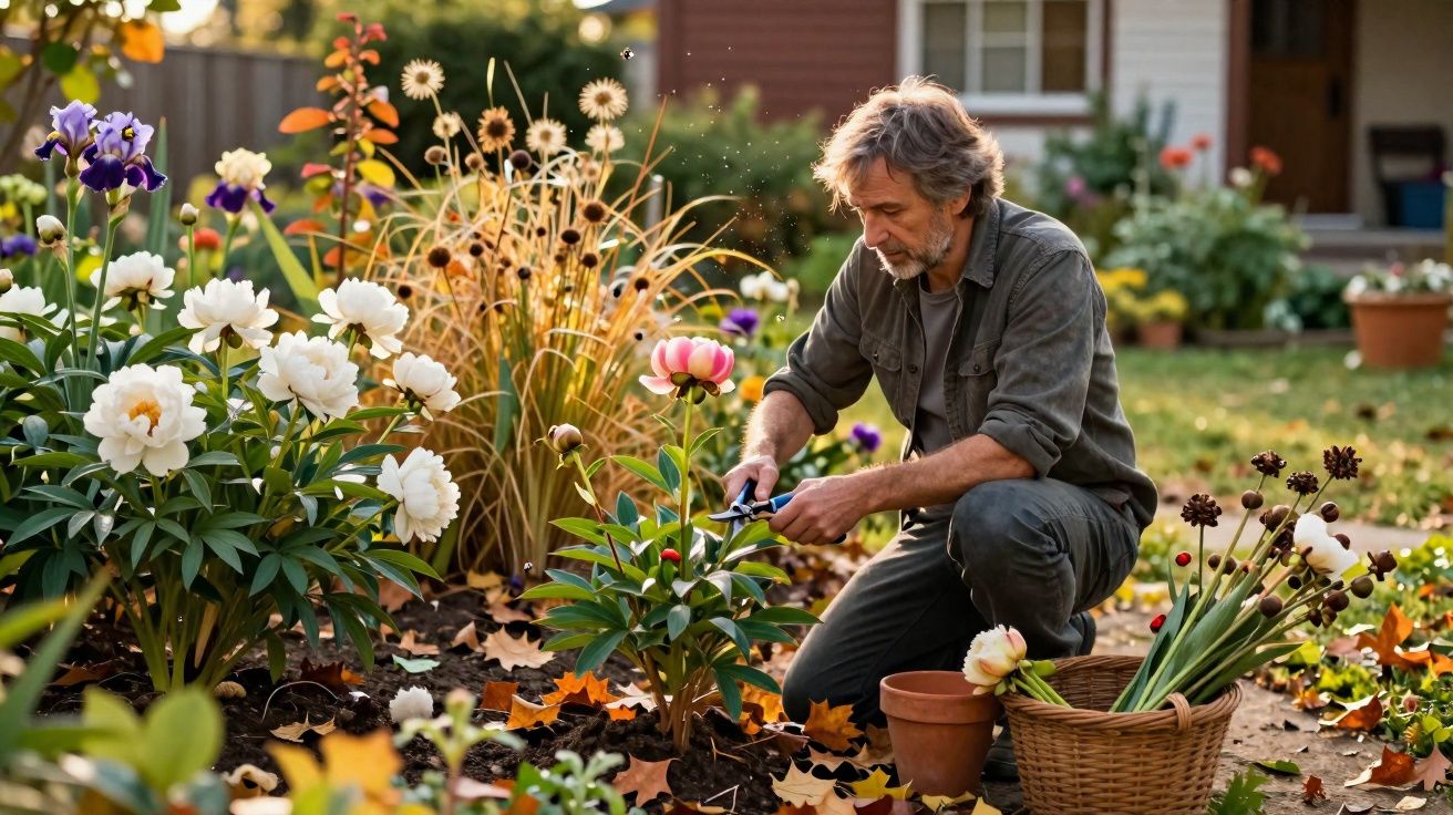 Homem cuidando de flores brancas e rosas em jardim de casa ao entardecer.