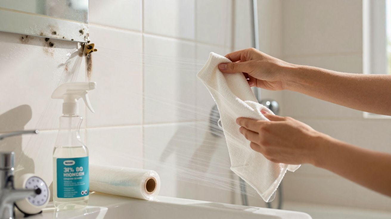 Mãos segurando um pano branco sendo borrifado com produto de limpeza em banheiro branco.