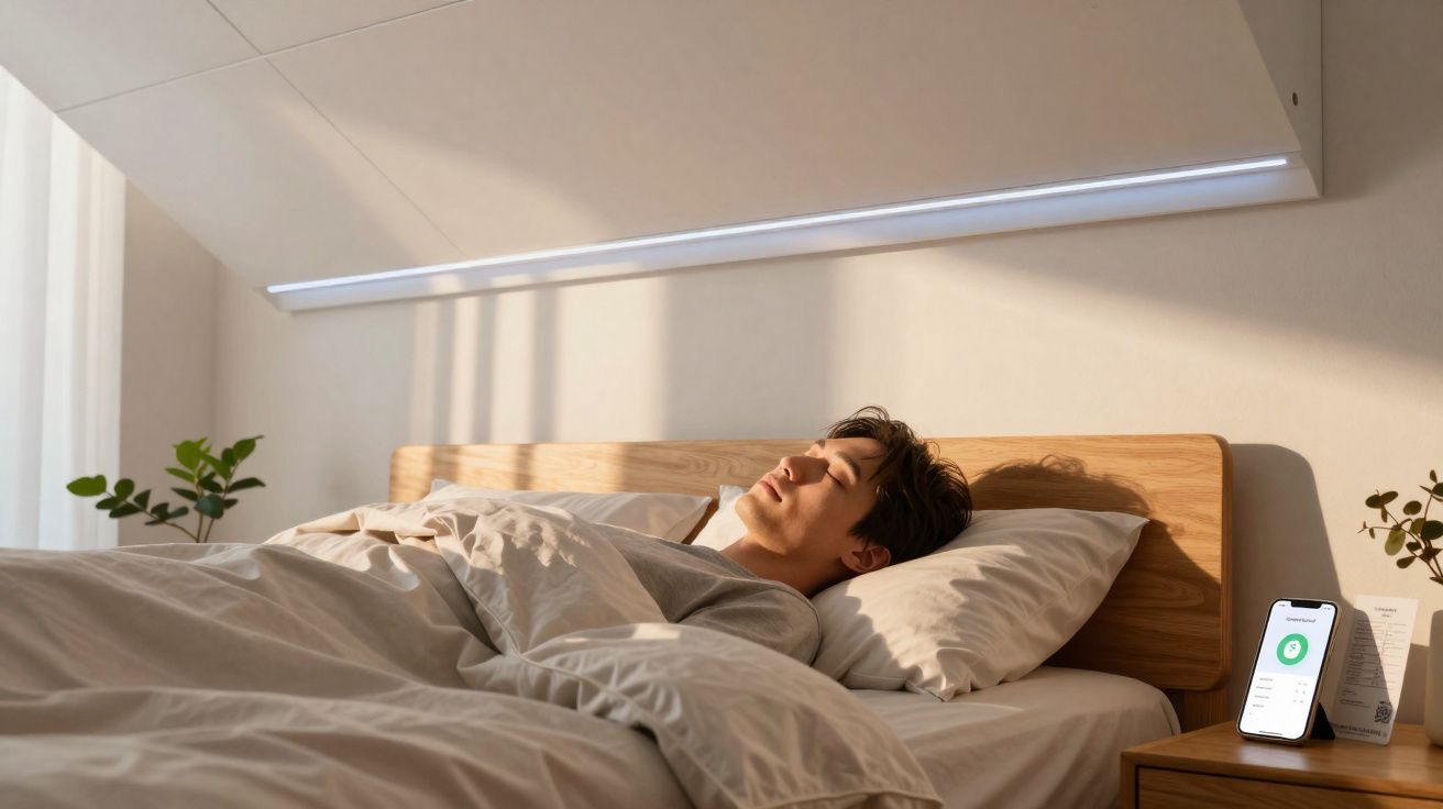 Homem dormindo deitado na cama com luz natural e celular ao lado mostrando app de sono.