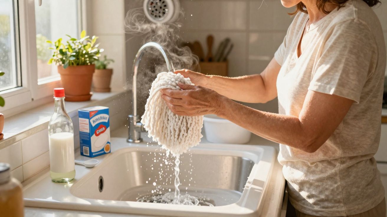 Pessoa lavando pano de prato quente com água na pia da cozinha iluminada pela janela.