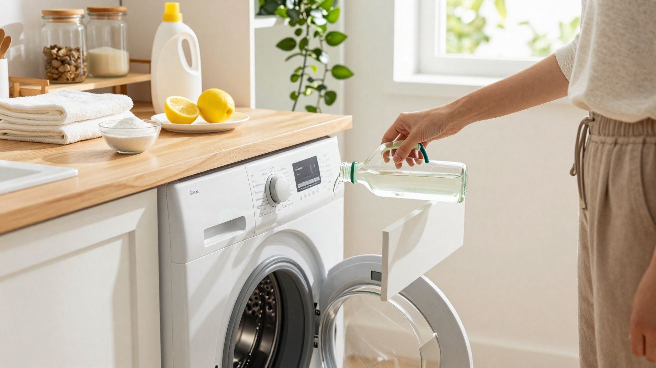Pessoa despejando vinagre branco na máquina de lavar roupa em ambiente claro e organizado.