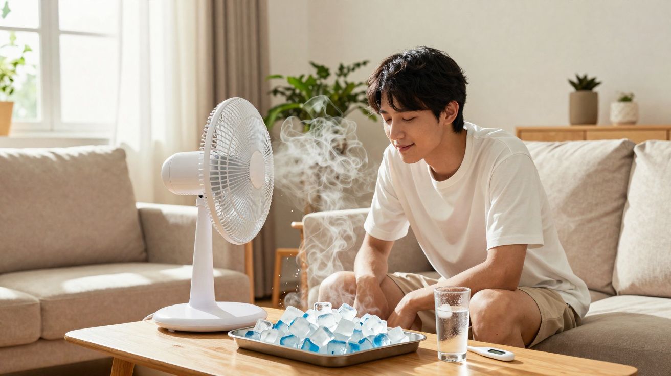 Homem usando ventilador caseiro com gelo para se refrescar em sala de estar clara e arejada.