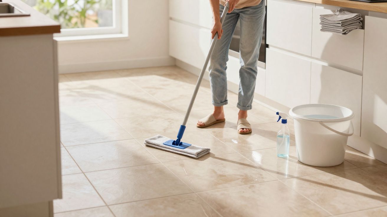 Pessoa limpando o chão com esfregão e balde em ambiente interno iluminado por luz natural.
