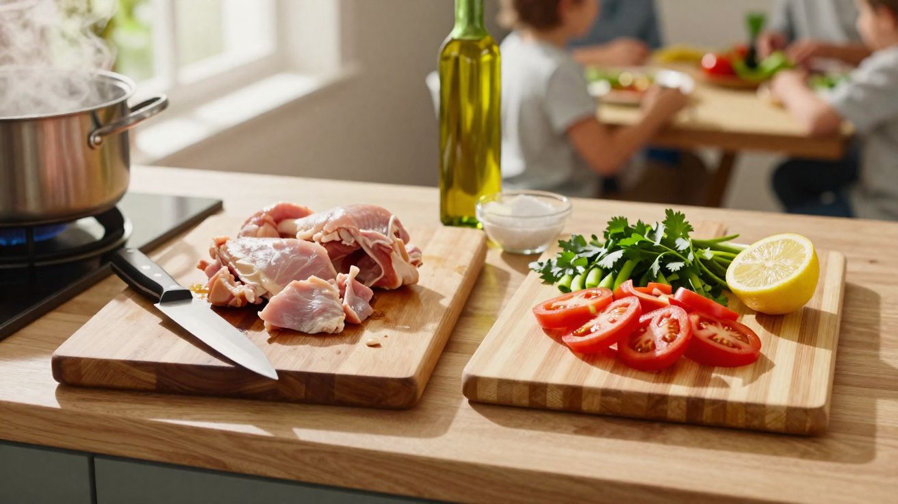 Frango cru, tomate fatiado, limão, ervas frescas e óleo sobre tábuas de corte em cozinha iluminada.