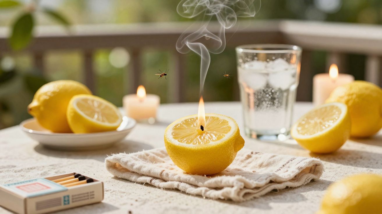 Limão cortado com fogo para afugentar mosquitos, próximo a velas acesas e copo com água e gelo.