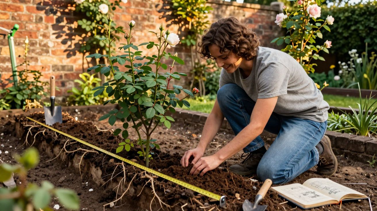 Pessoa sorridente debruçada cuidando de planta em jardim com muro de tijolos ao fundo.