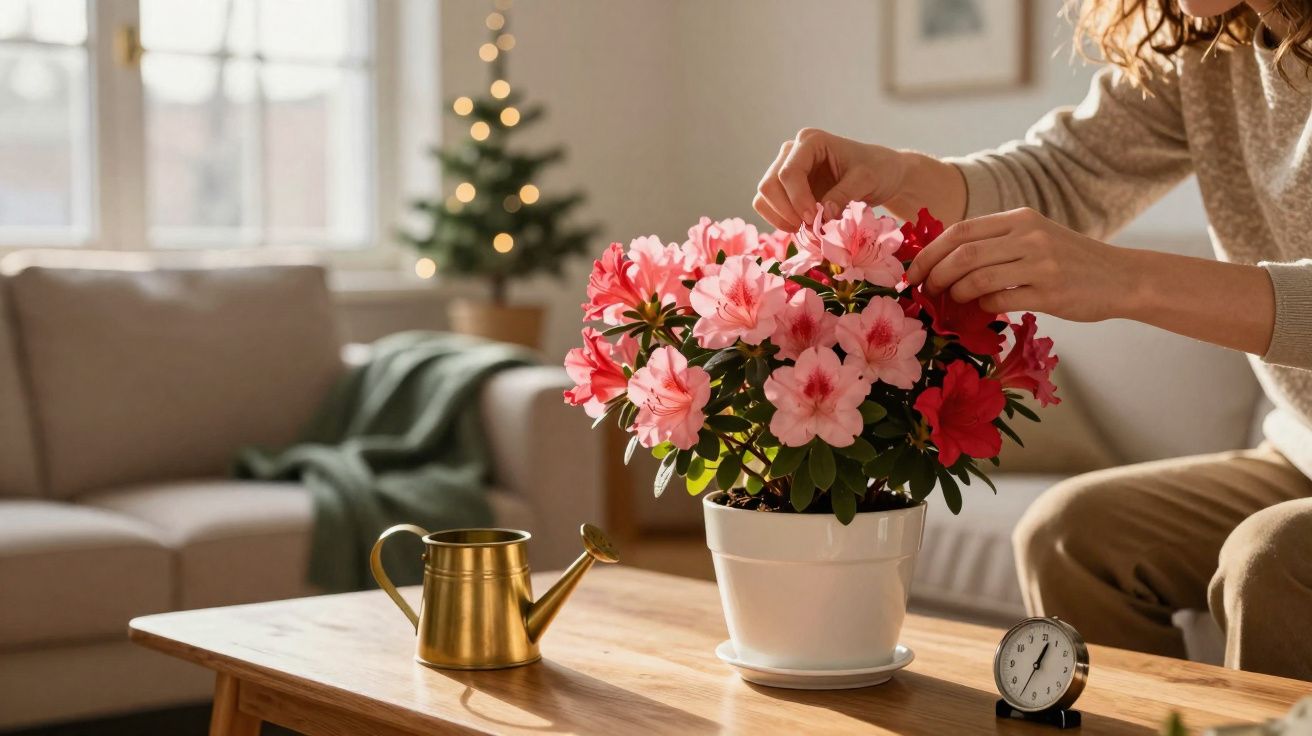 Pessoa cuidando de flores coloridas em vaso branco sobre mesa de madeira na sala.