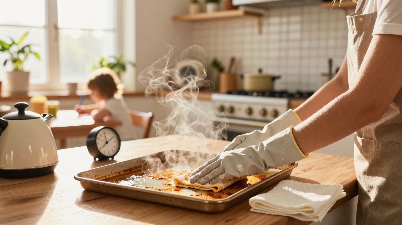 Pessoa limpando assadeira quente com pano na cozinha enquanto criança desenha ao fundo.
