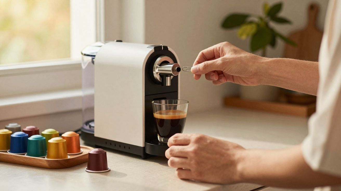 Mãos preparando café expresso em máquina automática com cápsulas coloridas sobre a bancada.