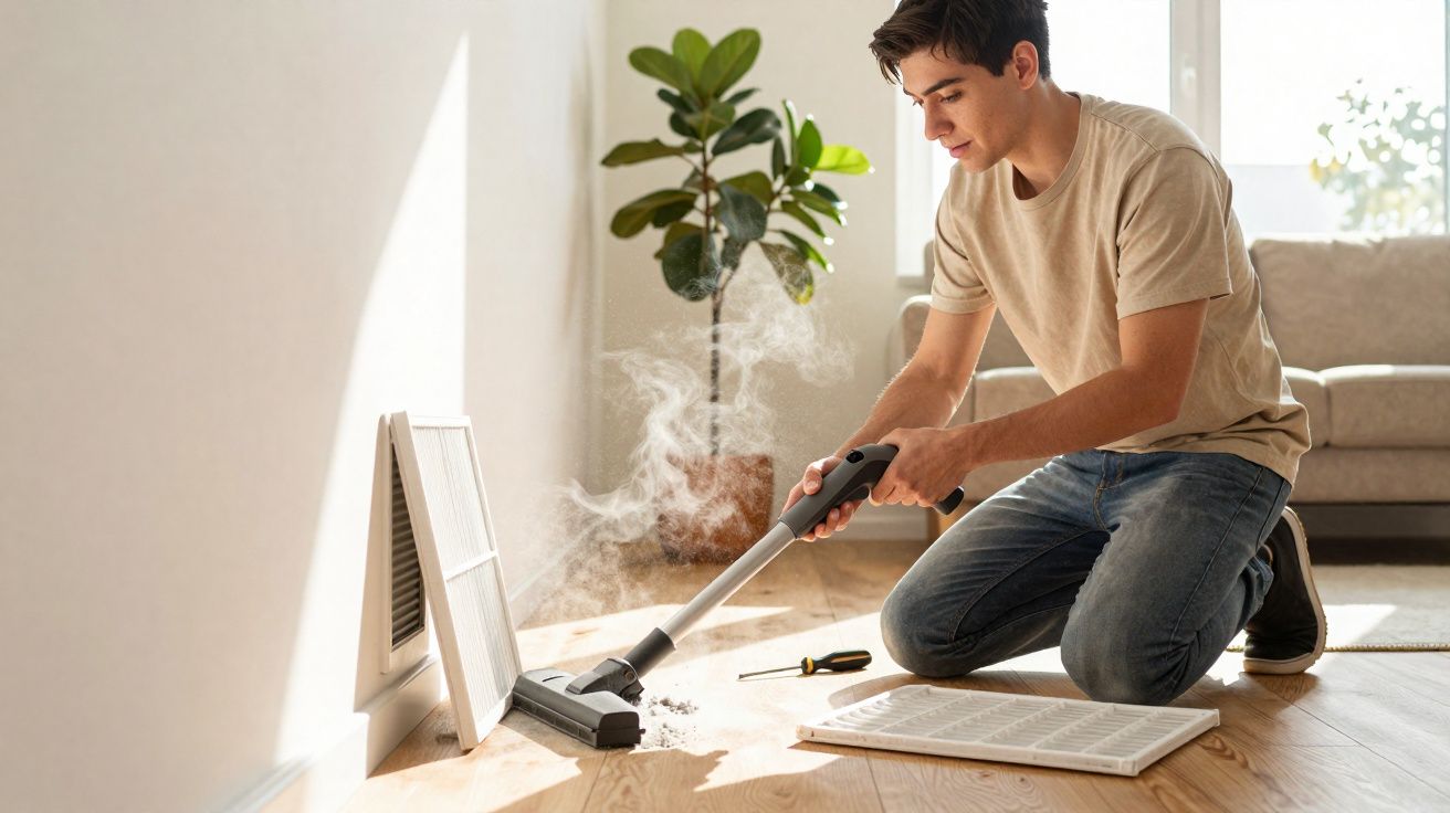 Jovem usando aspirador a vapor para limpar filtro de ar em sala de estar iluminada.