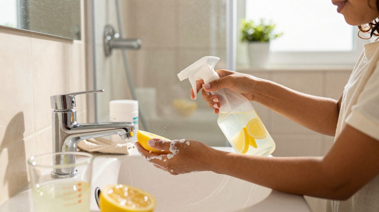 Pessoa limpando metade de um limão com um borrifador sobre a pia de banheiro.