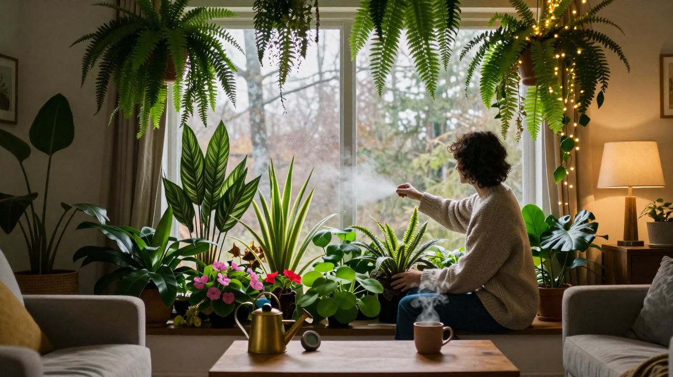 Pessoa cuidando de plantas em uma janela com várias plantas verdes e flores, ambiente aconchegante.