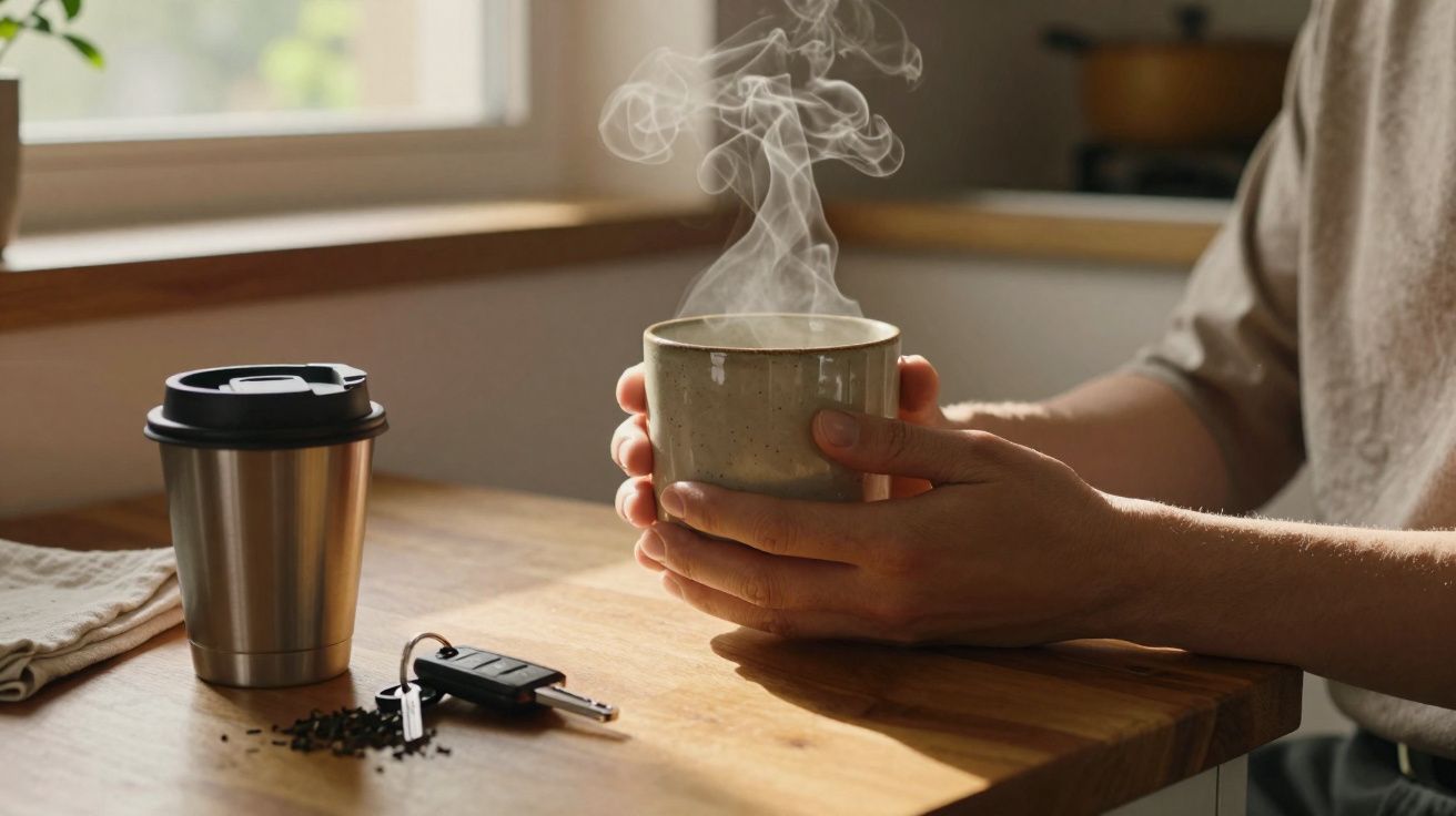 Pessoa segurando xícara quente com fumaça ao lado de copo térmico, chaves e grãos de café sobre mesa.
