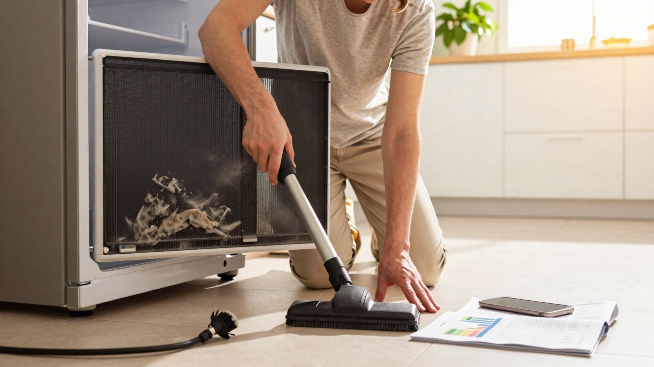 Pessoa usando aspirador de pó para limpar o filtro removível de um refrigerador na cozinha.