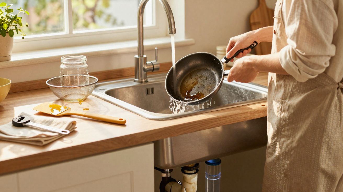 Pessoa lavando frigideira em pia de cozinha com luz natural entrando pela janela.