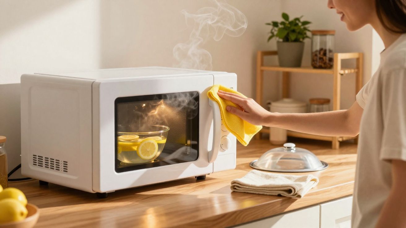 Mulher limpando porta de micro-ondas branco com pano amarelo na cozinha clara, com vapor saindo do aparelho.