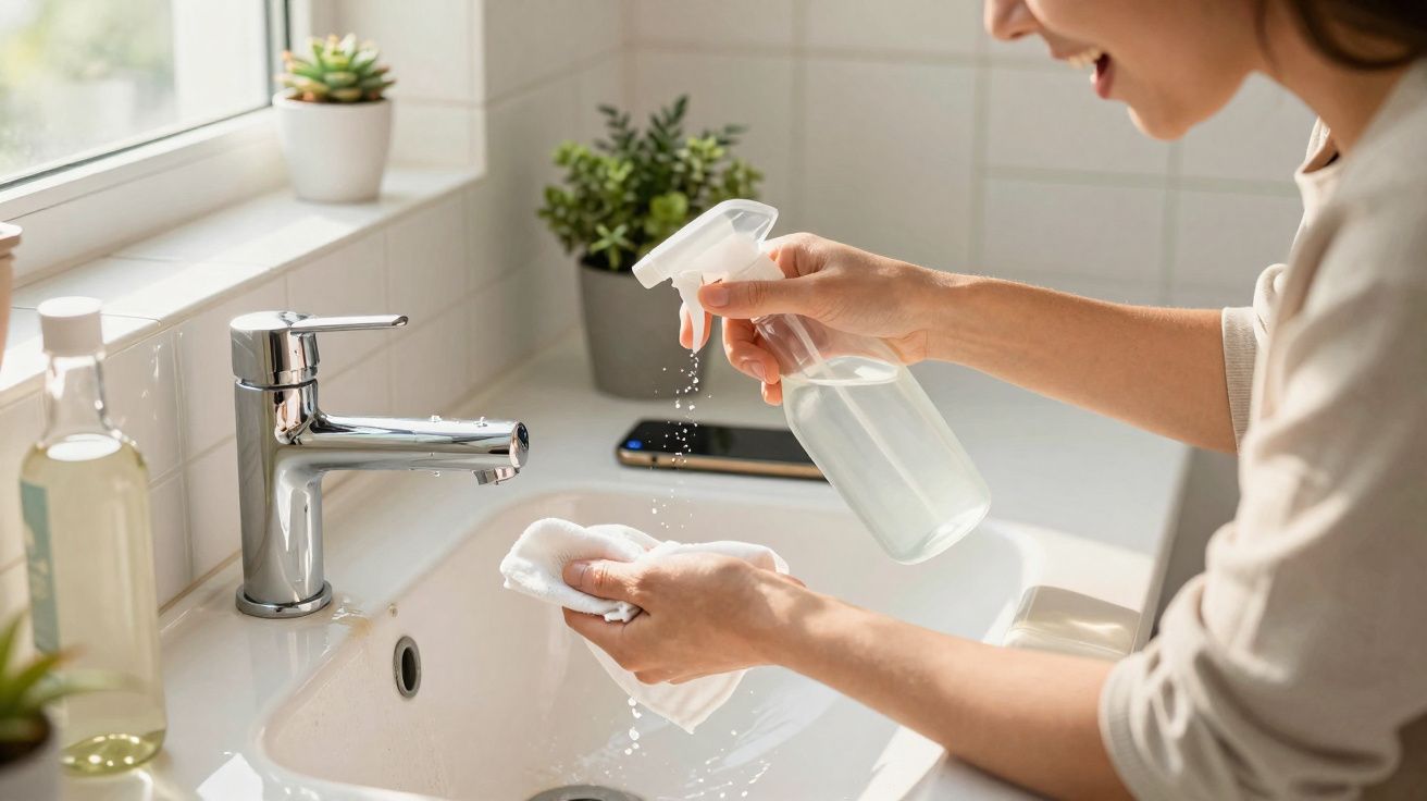 Pessoa limpando a pia do banheiro com spray e pano branco próximo a plantas e janela.