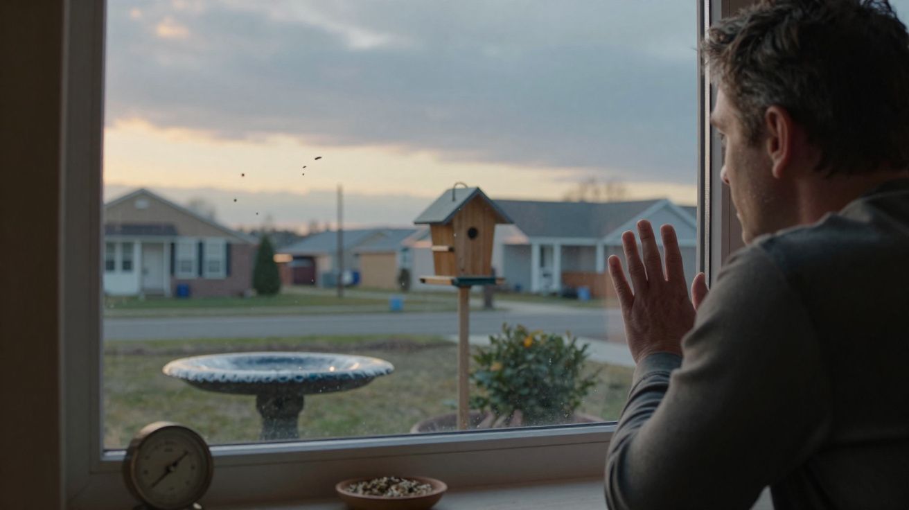 Homem observa passarinho pela janela enquanto mãos tocam o vidro em tarde nublada.