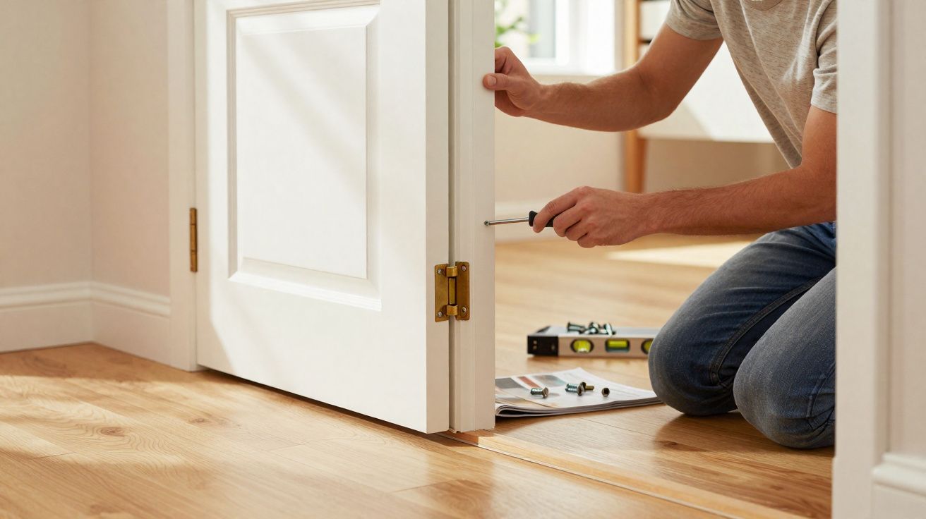 Pessoa instalando ou ajustando uma porta branca com ferramenta elétrica em piso de madeira.