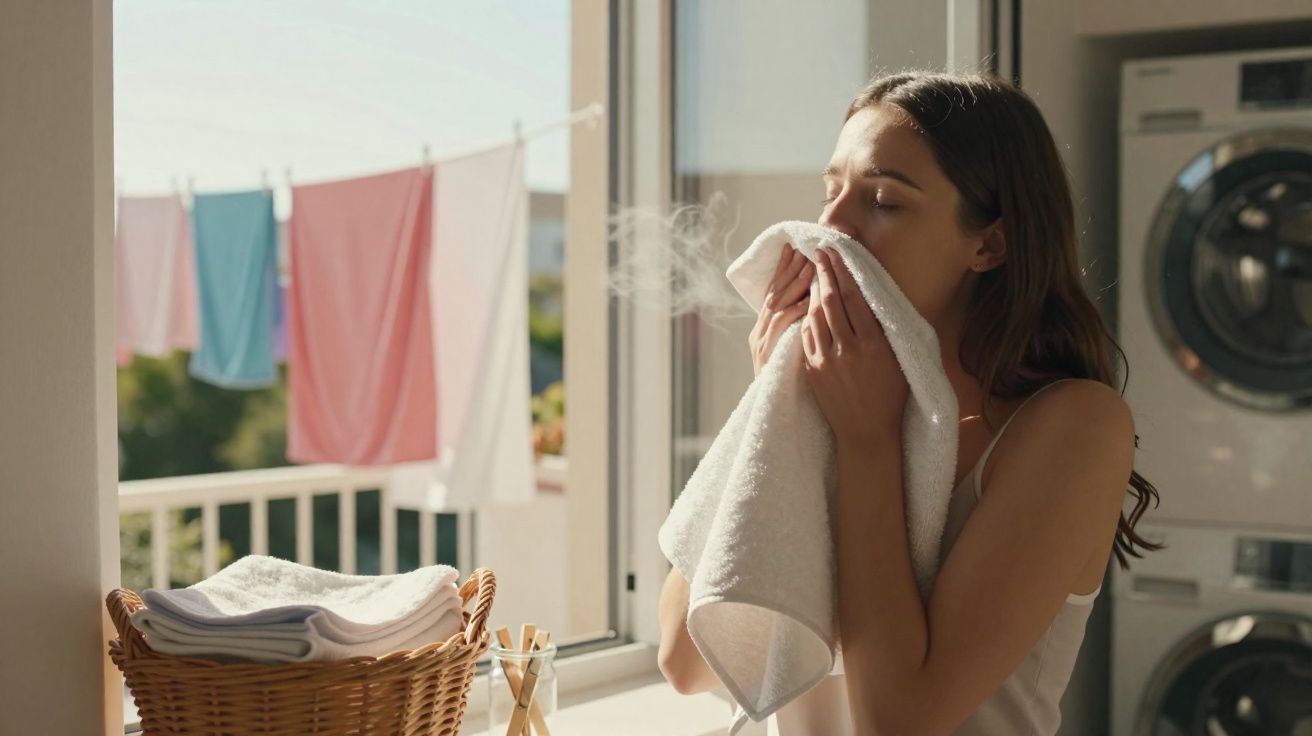 Mulher cheirando uma toalha branca em lavanderia com roupas secando ao fundo.
