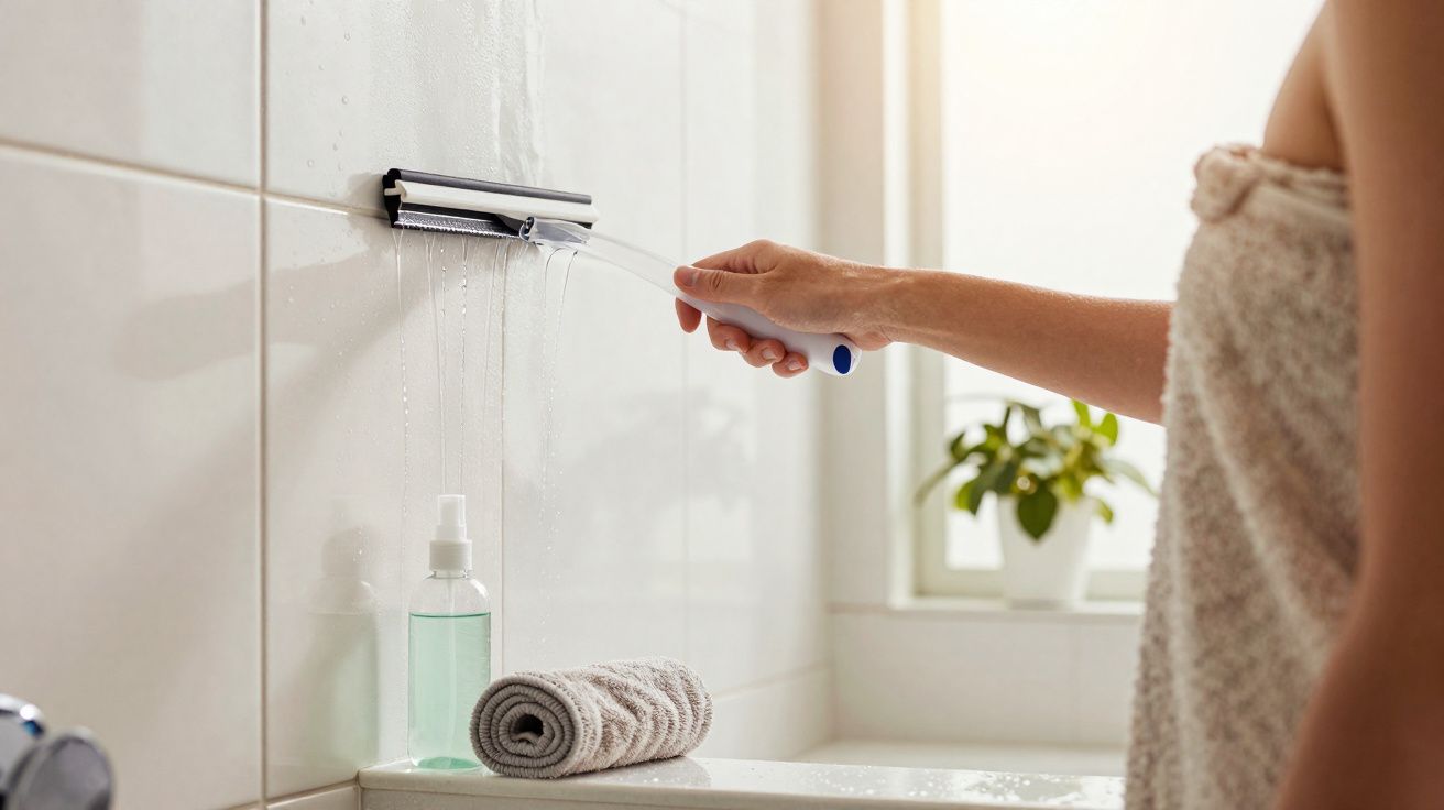 Pessoa limpando azulejos de banheiro com rodo enquanto está enrolada em toalha bege.